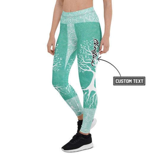 Personalisierte Damen Sportleggings Lebensbaum & Mandala Design Türkis Weiß Fitnesshose Yoga Leggings W787 - XL