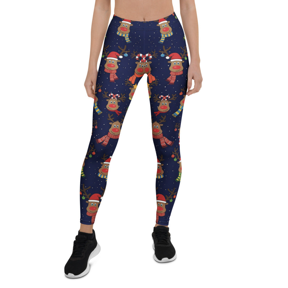 Personalisierte Damen Leggings Weihnachten Rentier Muster Dunkelblau Sport Fitness Yoga Hose J964
