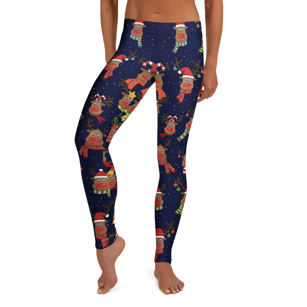 Personalisierte Damen Leggings Weihnachten Rentier Muster Dunkelblau Sport Fitness Yoga Hose J964