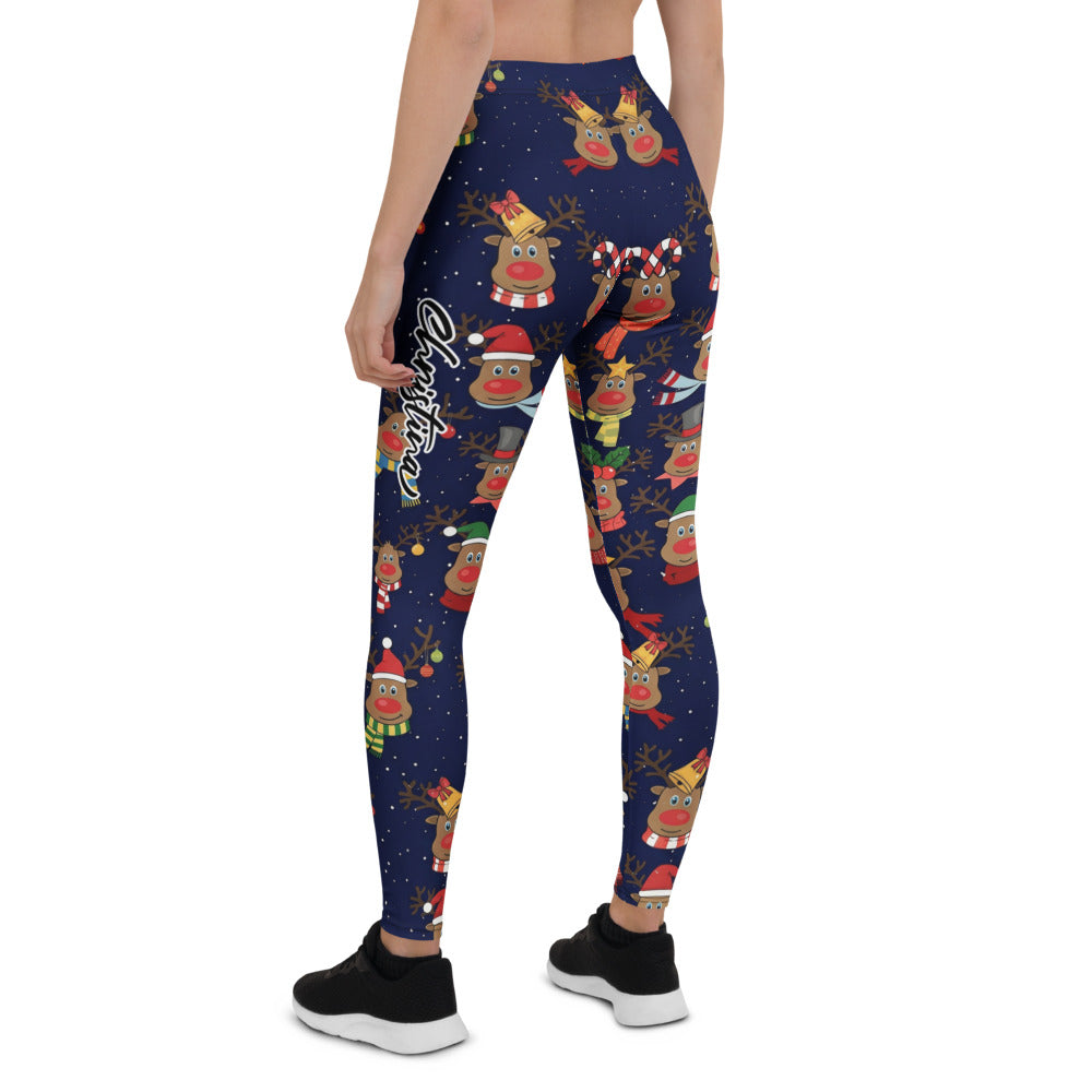 Personalisierte Damen Leggings Weihnachten Rentier Muster Dunkelblau Sport Fitness Yoga Hose J964