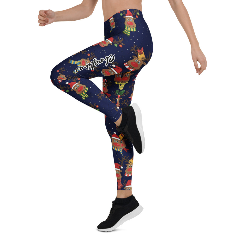 Personalisierte Damen Leggings Weihnachten Rentier Muster Dunkelblau Sport Fitness Yoga Hose J964