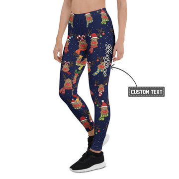 Personalisierte Damen Leggings Weihnachten Rentier Muster Dunkelblau Sport Fitness Yoga Hose J964 - XL