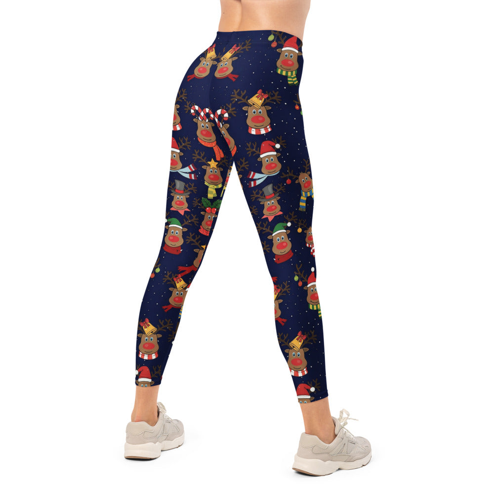 Personalisierte Damen Leggings Weihnachten Rentier Muster Dunkelblau Sport Fitness Yoga Hose J964