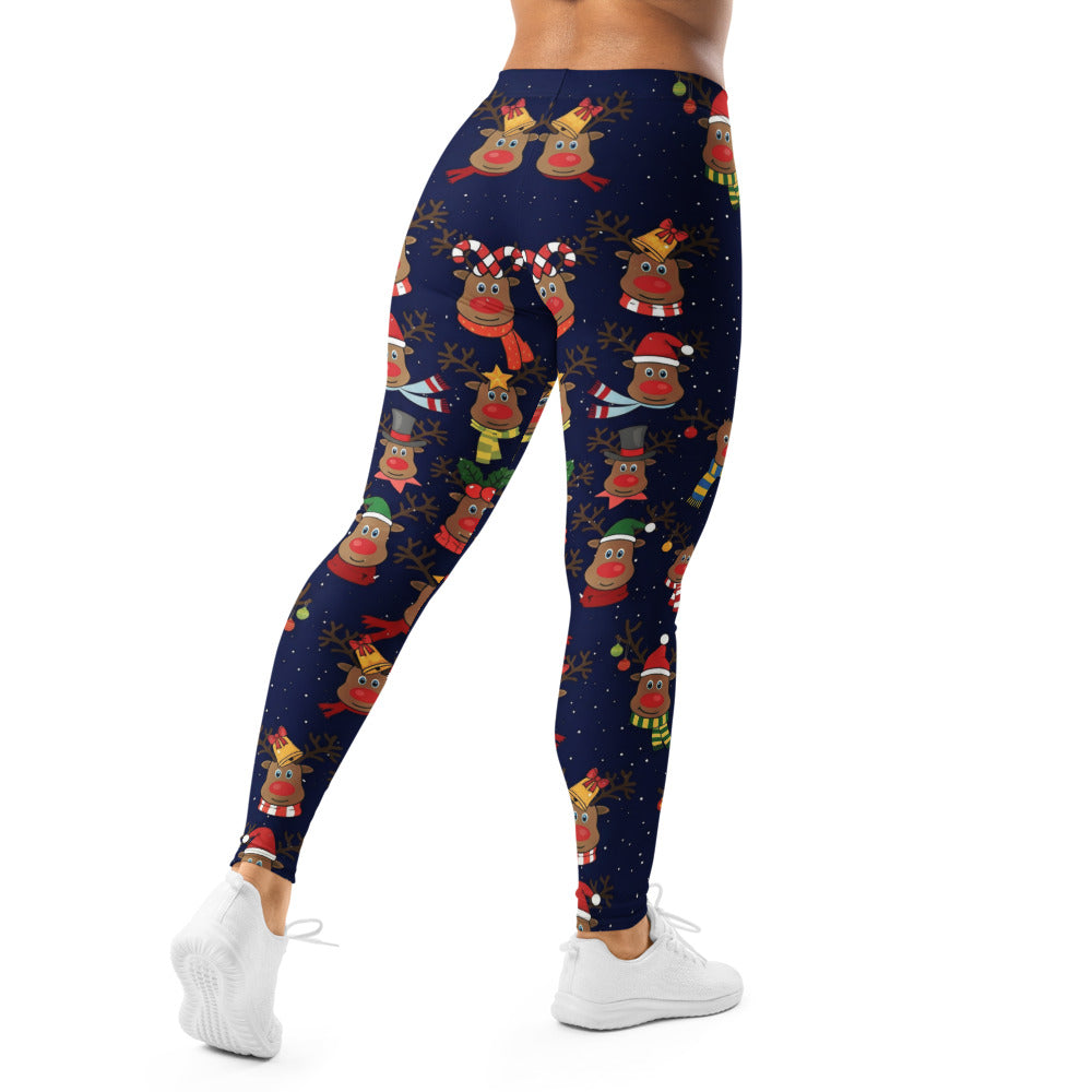 Personalisierte Damen Leggings Weihnachten Rentier Muster Dunkelblau Sport Fitness Yoga Hose J964