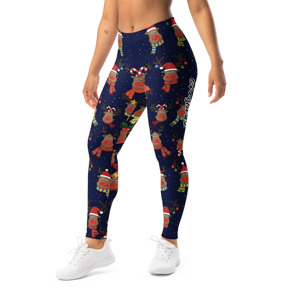 Personalisierte Damen Leggings Weihnachten Rentier Muster Dunkelblau Sport Fitness Yoga Hose J964