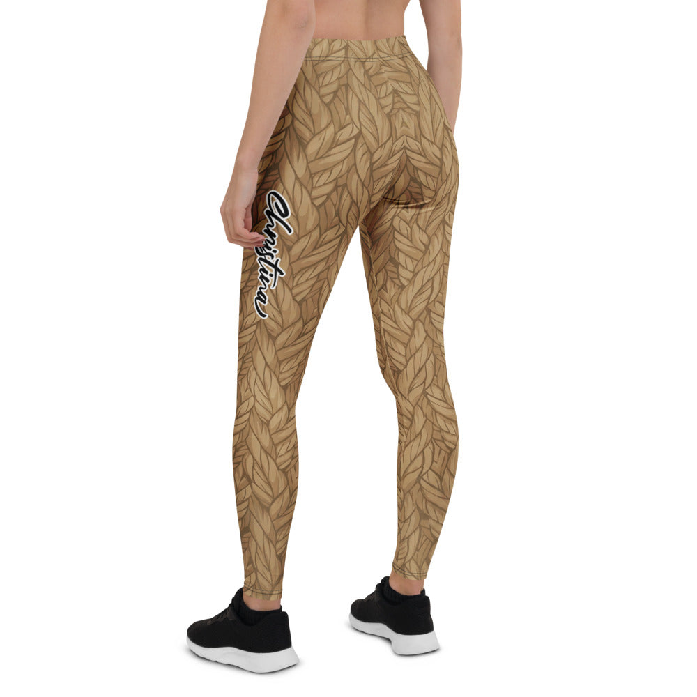 Personalisierte Damen Sportleggings Strickoptik Braun Zopfmuster Fitness Yoga Hose C302