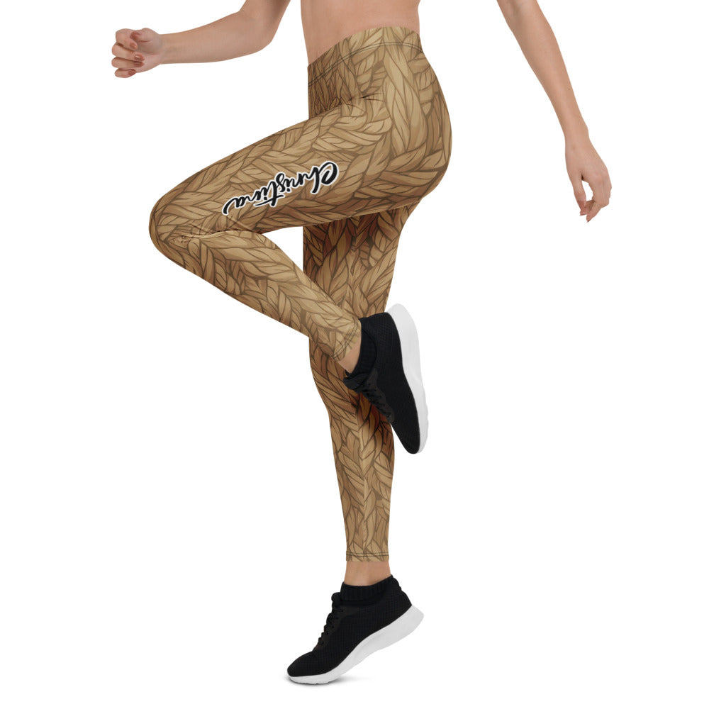 Personalisierte Damen Sportleggings Strickoptik Braun Zopfmuster Fitness Yoga Hose C302