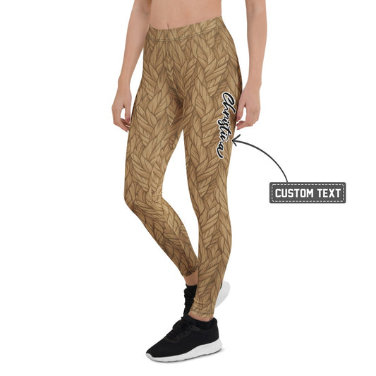 Personalisierte Damen Sportleggings Strickoptik Braun Zopfmuster Fitness Yoga Hose C302 - XL
