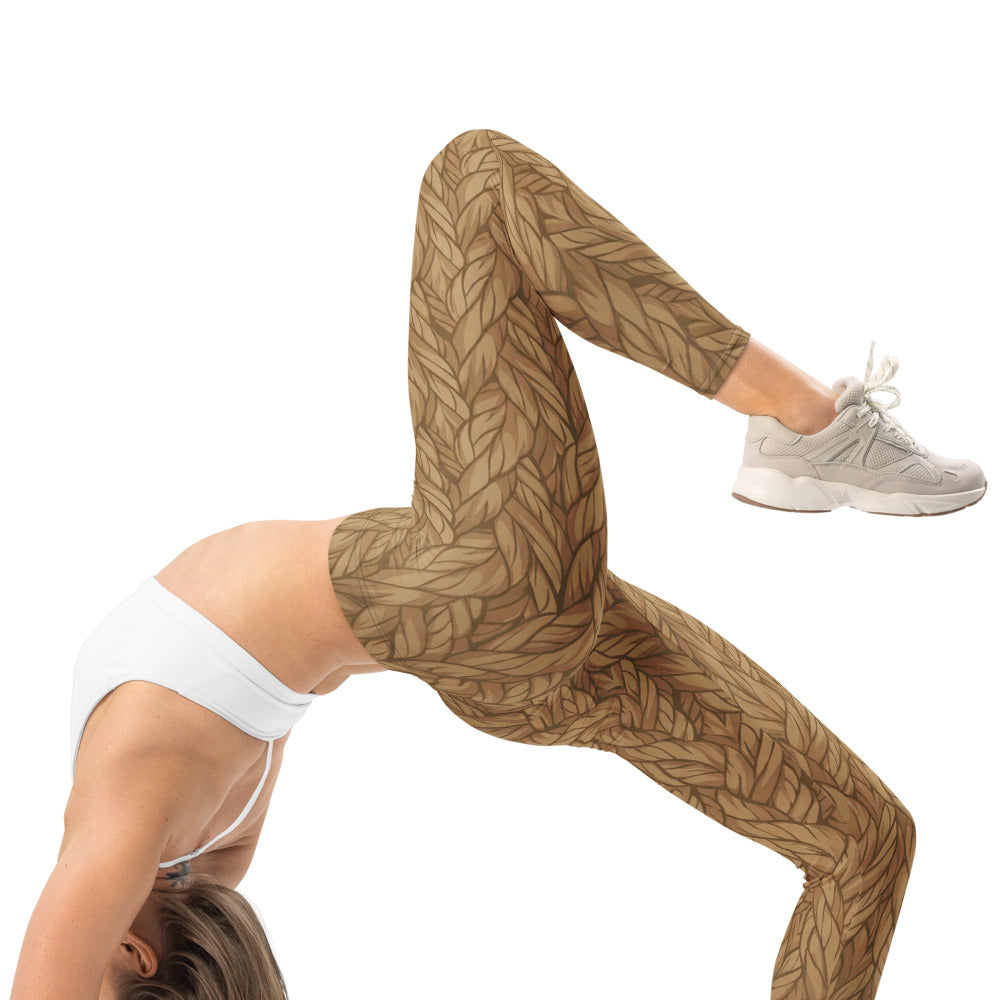 Personalisierte Damen Sportleggings Strickoptik Braun Zopfmuster Fitness Yoga Hose C302