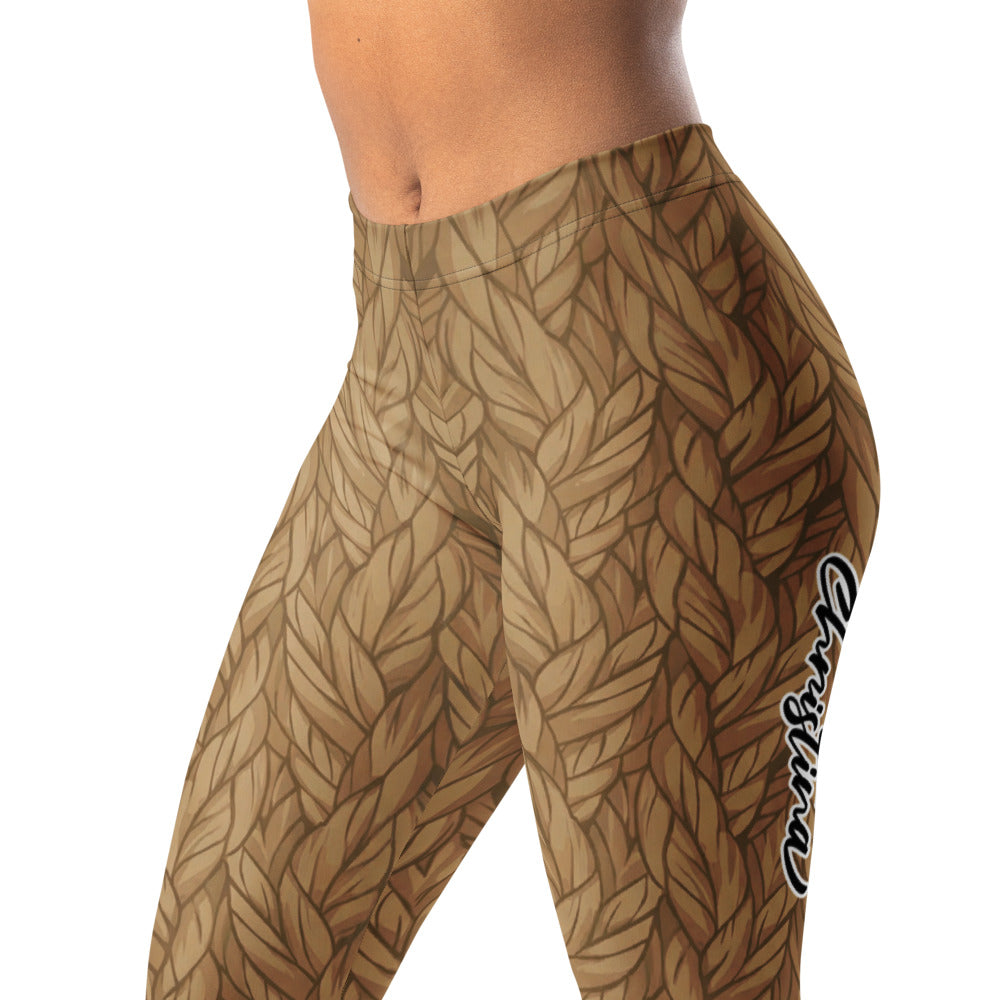 Personalisierte Damen Sportleggings Strickoptik Braun Zopfmuster Fitness Yoga Hose C302