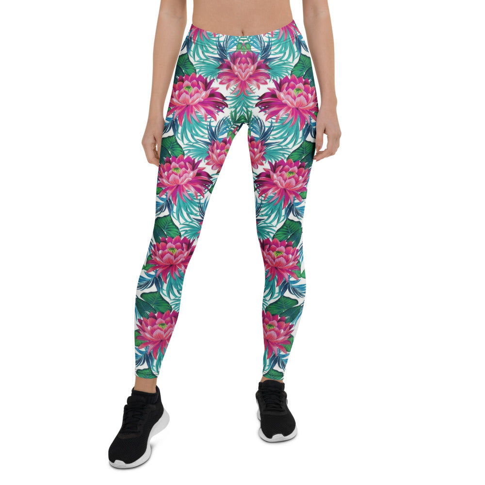 Personalisierte Damen Sportleggings Tropisches Blumenmuster Pink Türkis Fitness Yoga Leggings I394
