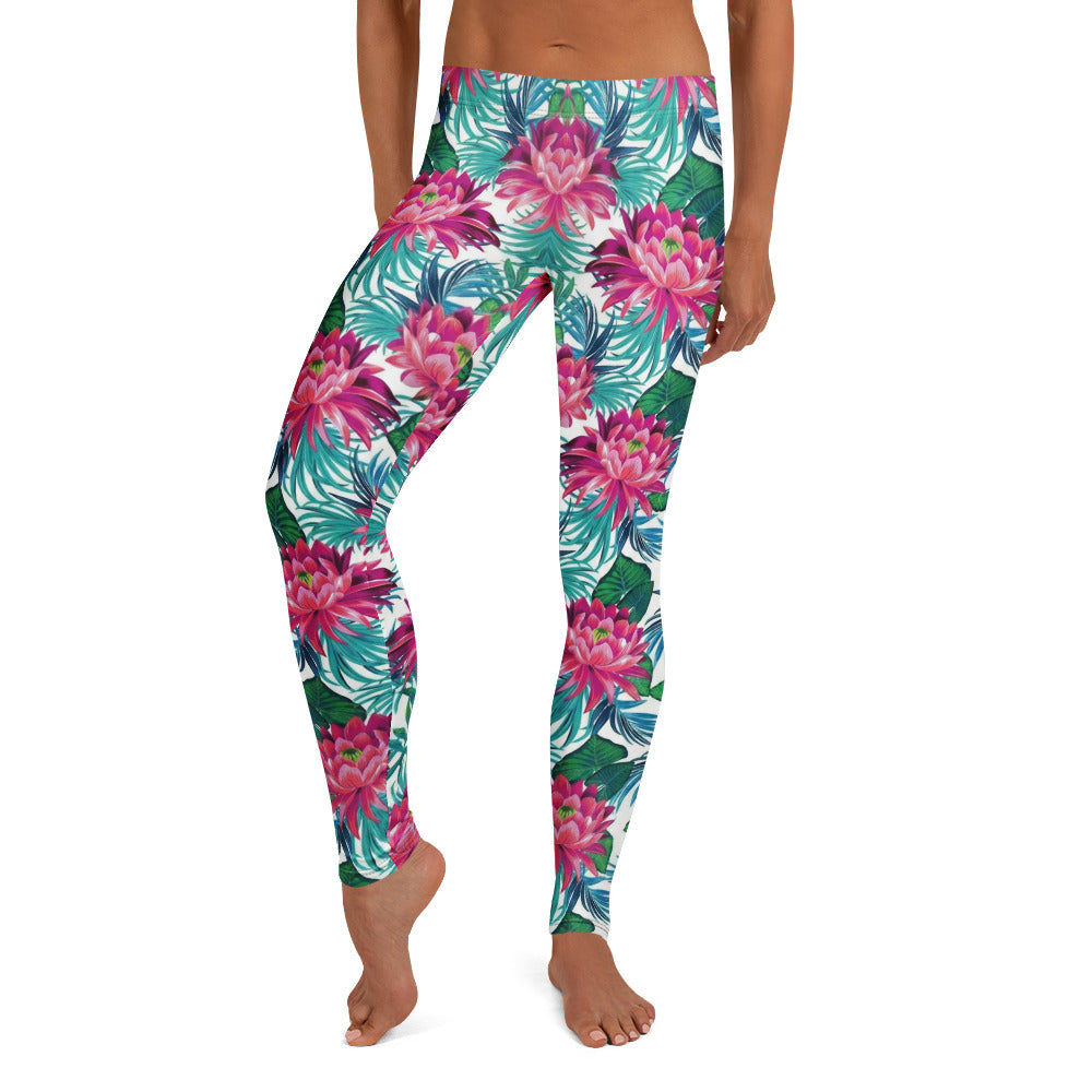 Personalisierte Damen Sportleggings Tropisches Blumenmuster Pink Türkis Fitness Yoga Leggings I394