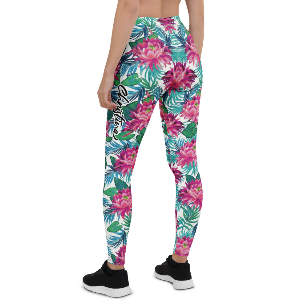 Personalisierte Damen Sportleggings Tropisches Blumenmuster Pink Türkis Fitness Yoga Leggings I394