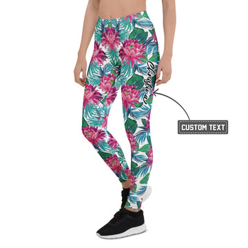 Personalisierte Damen Sportleggings Tropisches Blumenmuster Pink Türkis Fitness Yoga Leggings I394 - XL