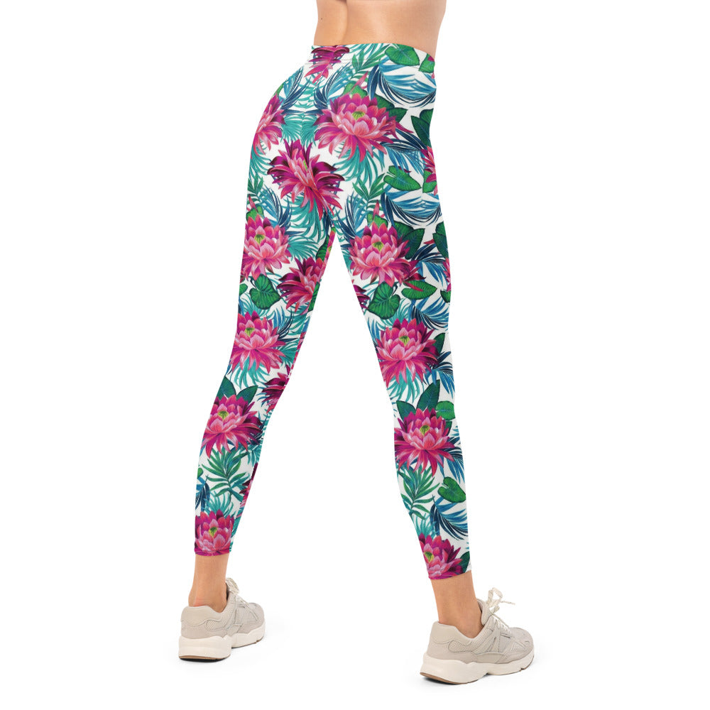 Personalisierte Damen Sportleggings Tropisches Blumenmuster Pink Türkis Fitness Yoga Leggings I394