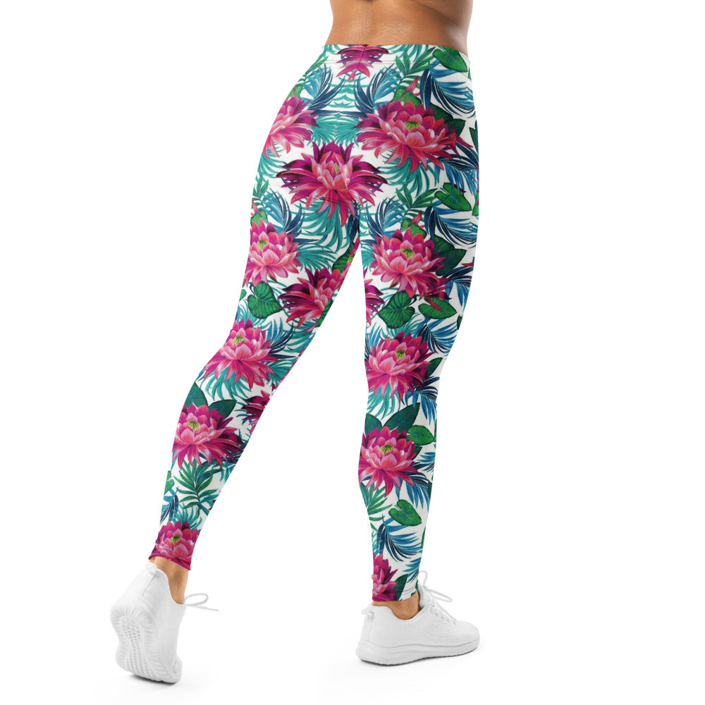 Personalisierte Damen Sportleggings Tropisches Blumenmuster Pink Türkis Fitness Yoga Leggings I394