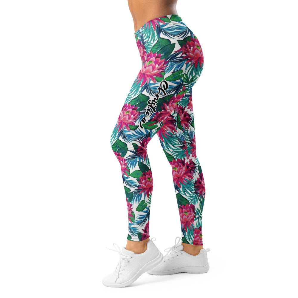 Personalisierte Damen Sportleggings Tropisches Blumenmuster Pink Türkis Fitness Yoga Leggings I394