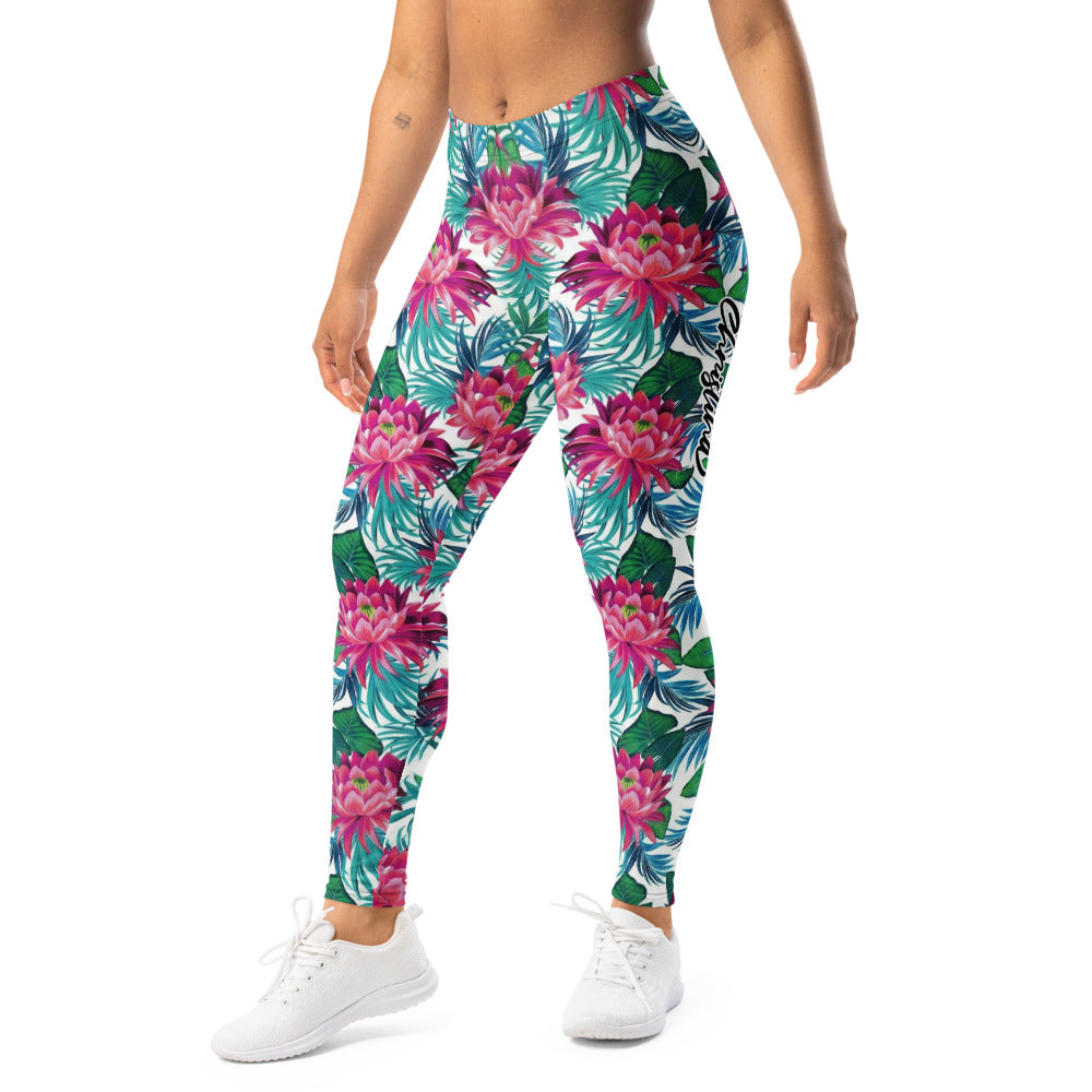 Personalisierte Damen Sportleggings Tropisches Blumenmuster Pink Türkis Fitness Yoga Leggings I394