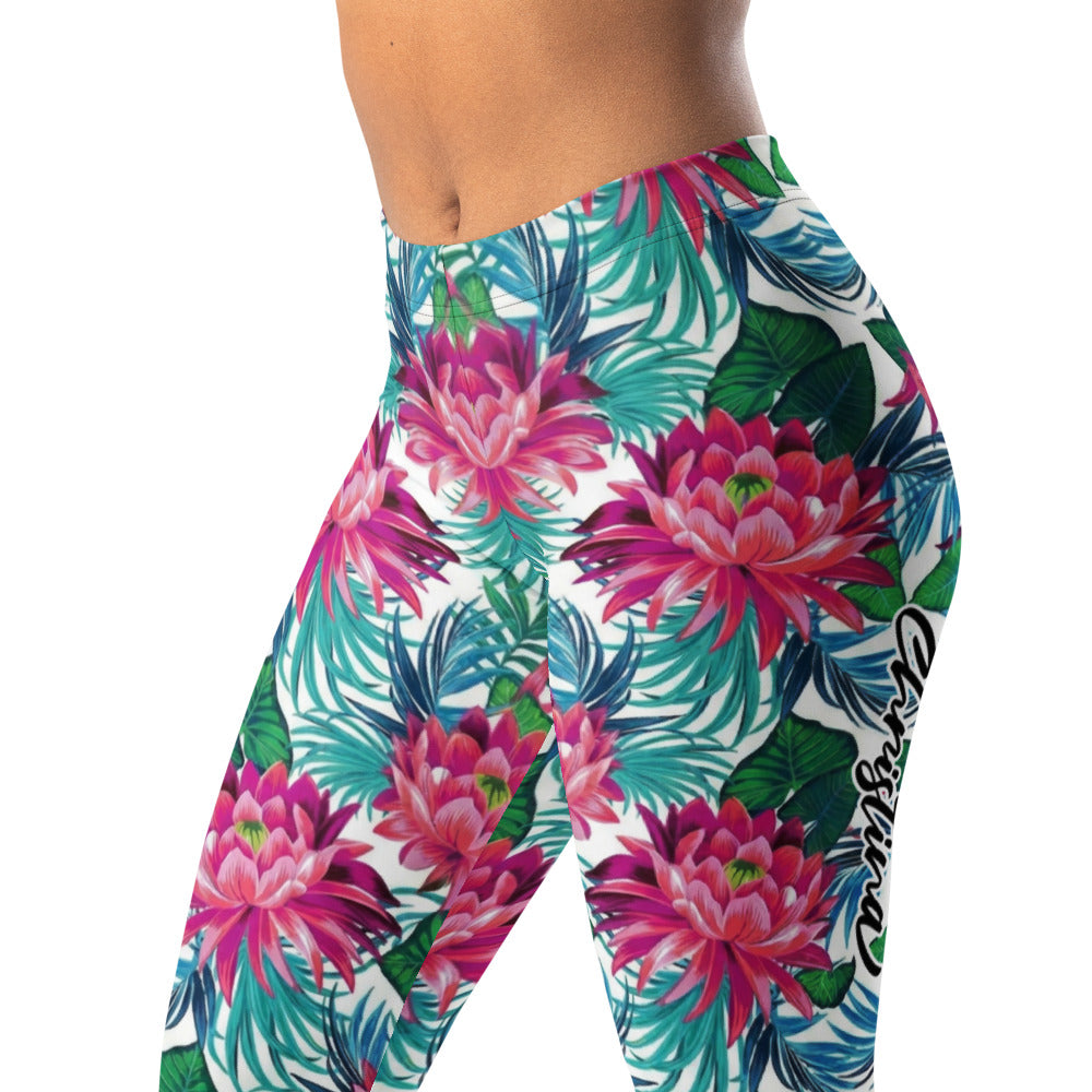Personalisierte Damen Sportleggings Tropisches Blumenmuster Pink Türkis Fitness Yoga Leggings I394