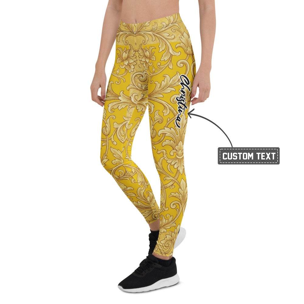Personalisierte Damen Sportleggings Barock Muster Gelb Gold Fitness Leggings Yoga Hose W304 - XL