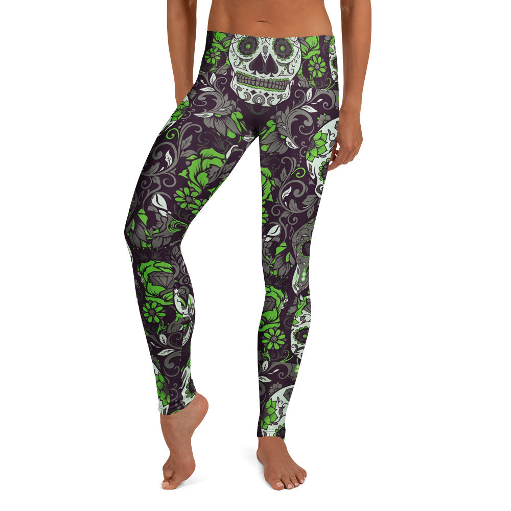 Personalisierte Damen Sportleggings Totenkopf Sugar Skull Design Grün Lila Schwarz Fitness Yoga Leggings C602
