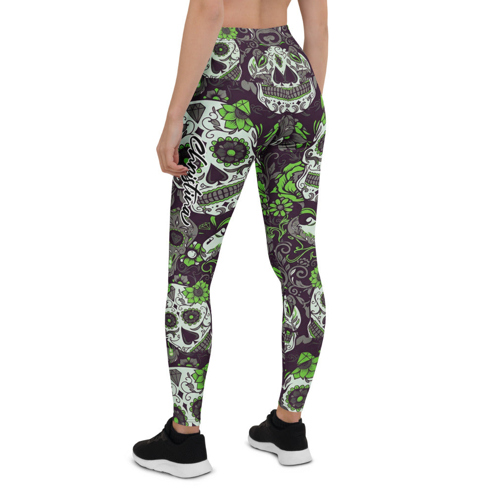 Personalisierte Damen Sportleggings Totenkopf Sugar Skull Design Grün Lila Schwarz Fitness Yoga Leggings C602