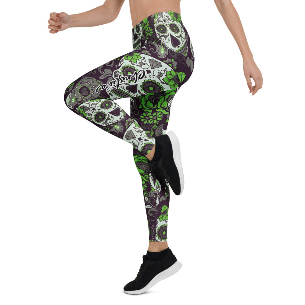 Personalisierte Damen Sportleggings Totenkopf Sugar Skull Design Grün Lila Schwarz Fitness Yoga Leggings C602