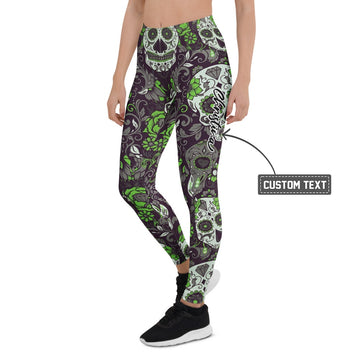 Personalisierte Damen Sportleggings Totenkopf Sugar Skull Design Grün Lila Schwarz Fitness Yoga Leggings C602 - XL