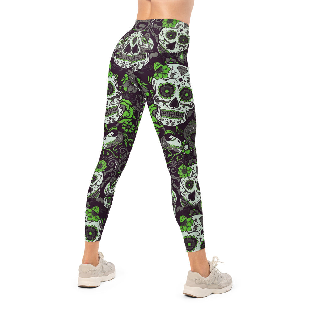 Personalisierte Damen Sportleggings Totenkopf Sugar Skull Design Grün Lila Schwarz Fitness Yoga Leggings C602