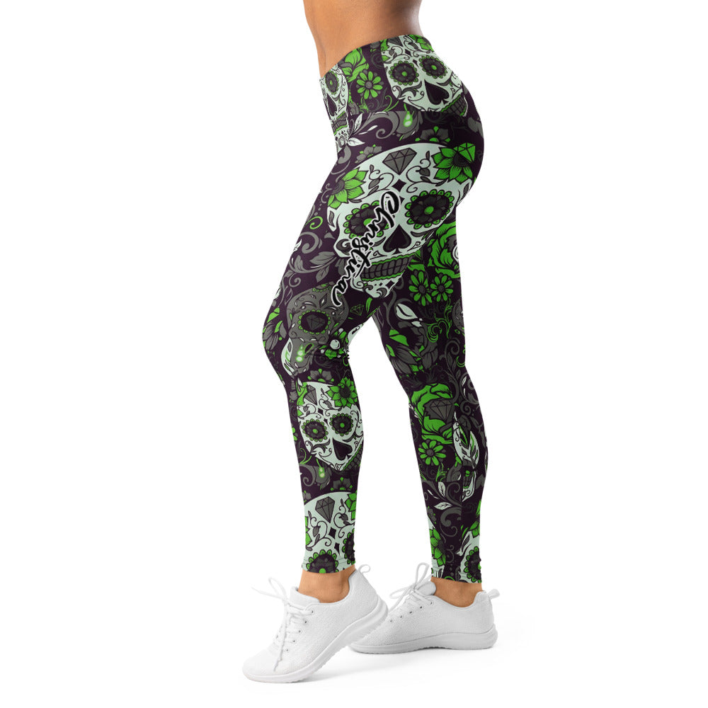 Personalisierte Damen Sportleggings Totenkopf Sugar Skull Design Grün Lila Schwarz Fitness Yoga Leggings C602