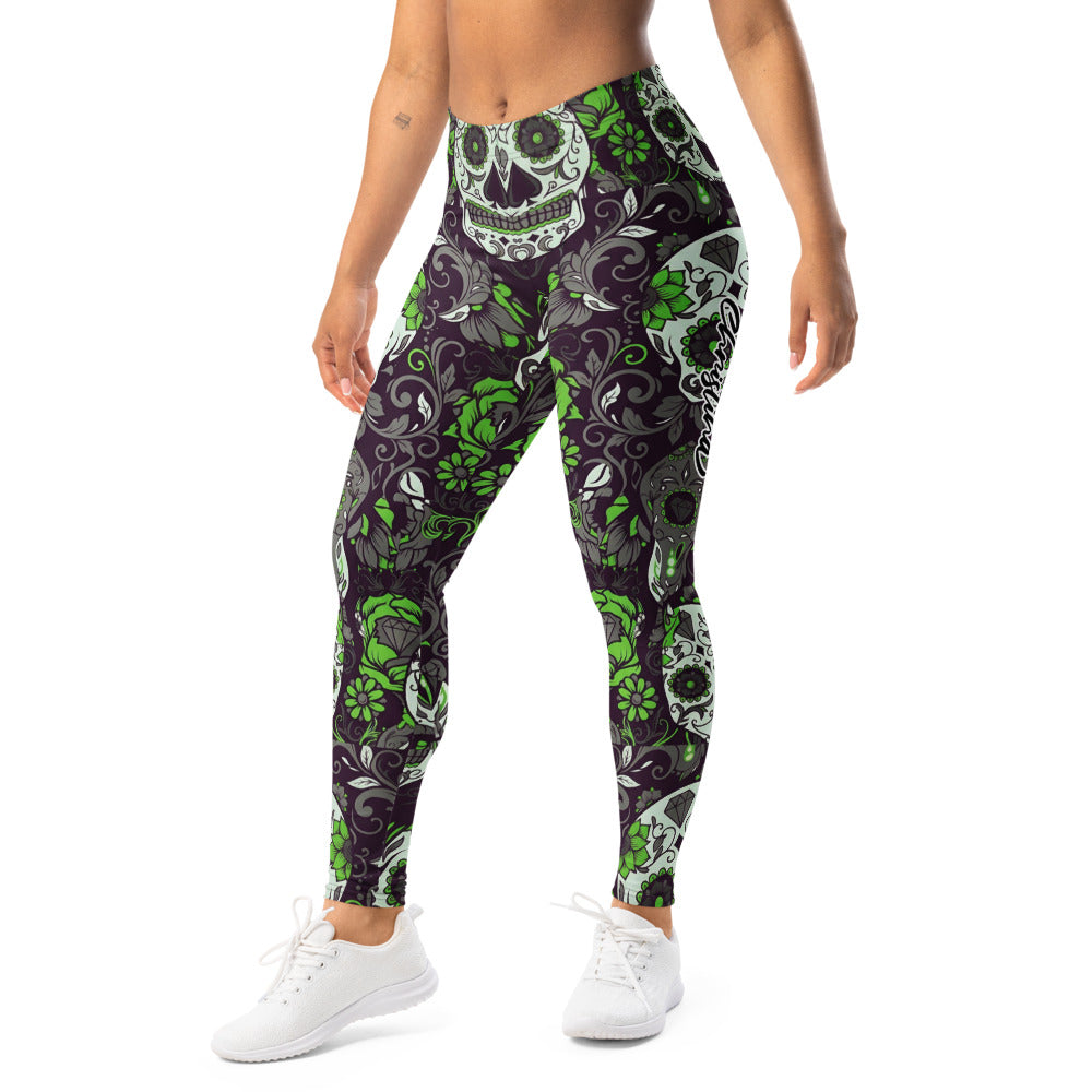 Personalisierte Damen Sportleggings Totenkopf Sugar Skull Design Grün Lila Schwarz Fitness Yoga Leggings C602