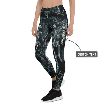 Personalisierte Damen Sportleggings Skelett Motiv Schwarz Weiß Fitness Leggings Yoga Hose L673 - XL