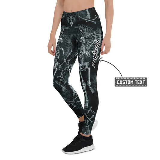 Personalisierte Damen Sportleggings Skelett Motiv Schwarz Weiß Fitness Leggings Yoga Hose L673 - XL
