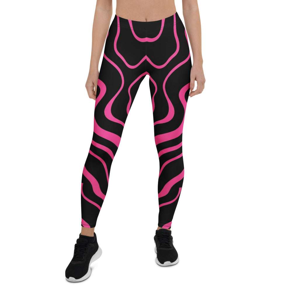 Personalisierte Damen Sportleggings Schwarz Pink Abstraktes Wellenmuster Fitness Yoga Leggings J146