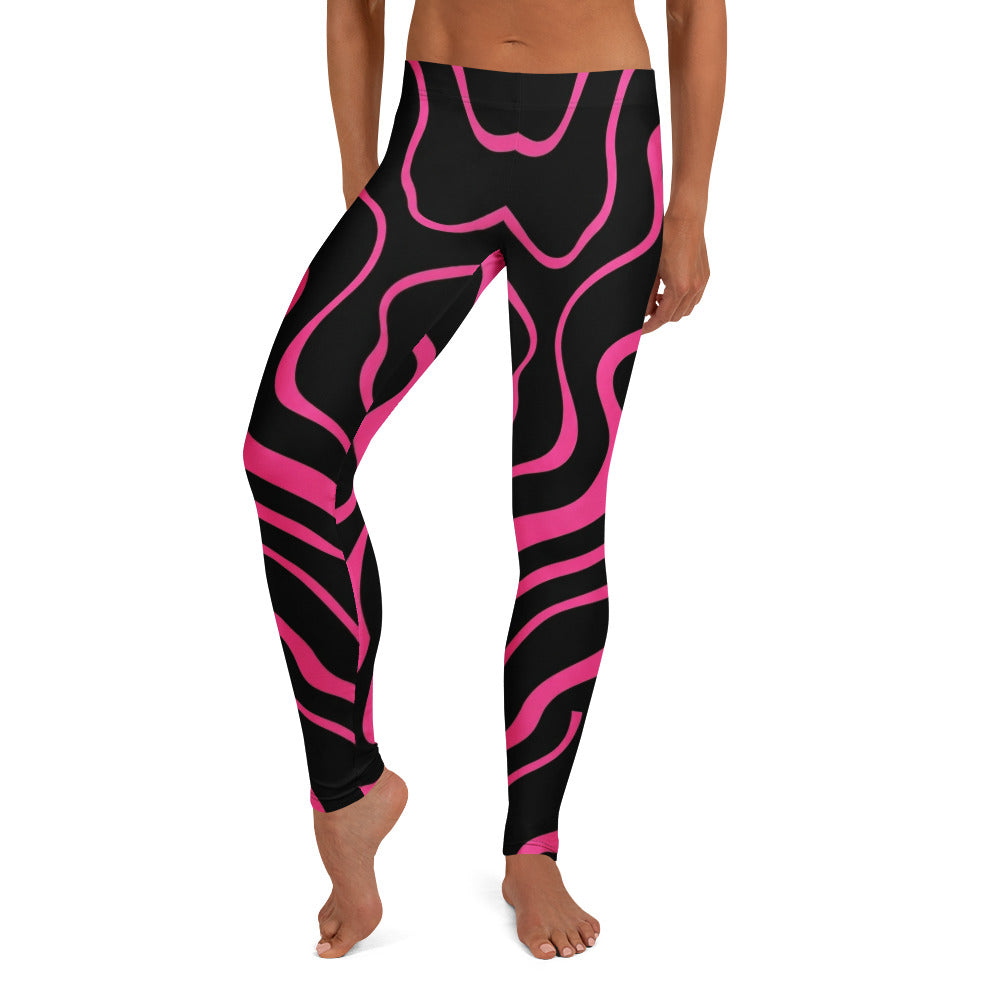 Personalisierte Damen Sportleggings Schwarz Pink Abstraktes Wellenmuster Fitness Yoga Leggings J146