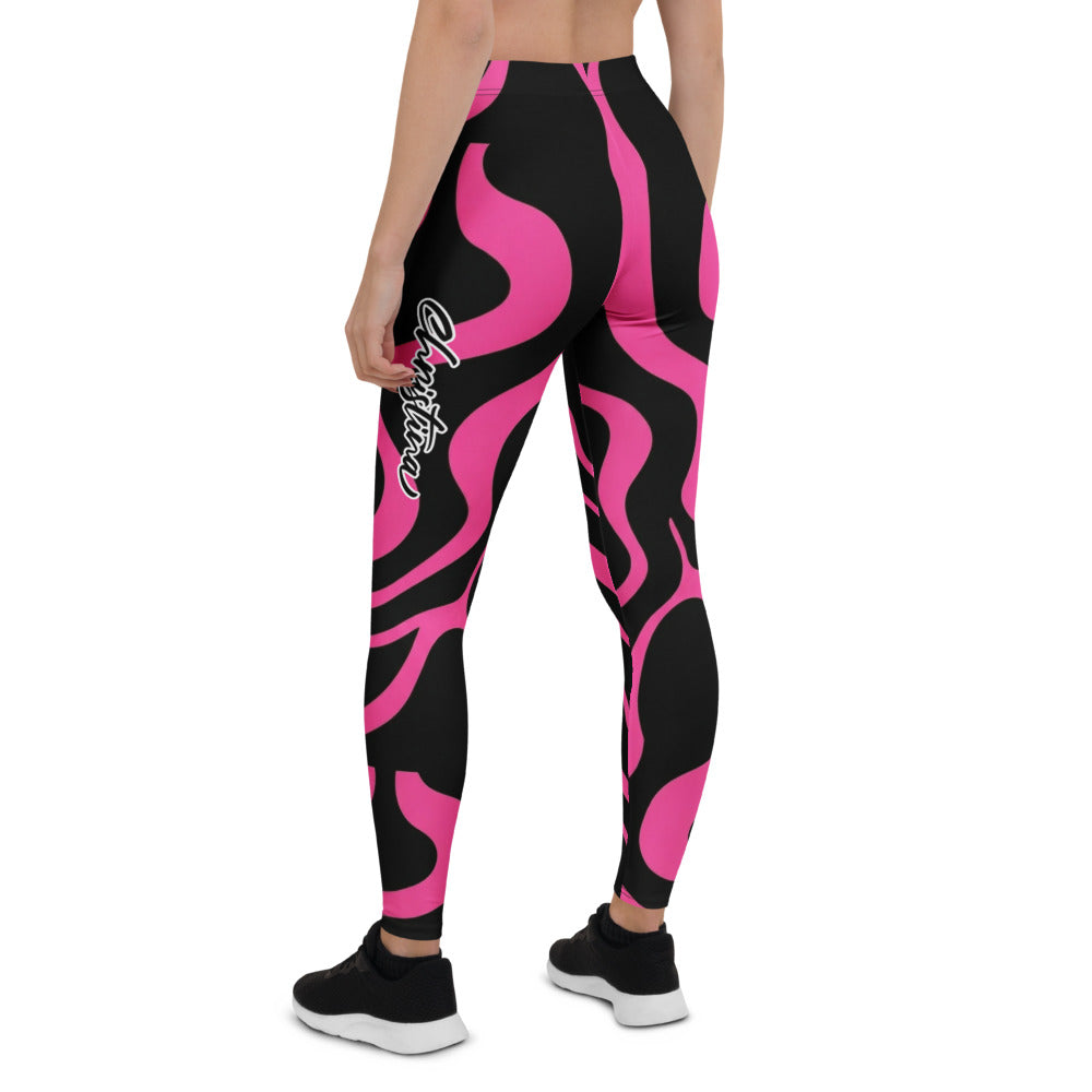 Personalisierte Damen Sportleggings Schwarz Pink Abstraktes Wellenmuster Fitness Yoga Leggings J146