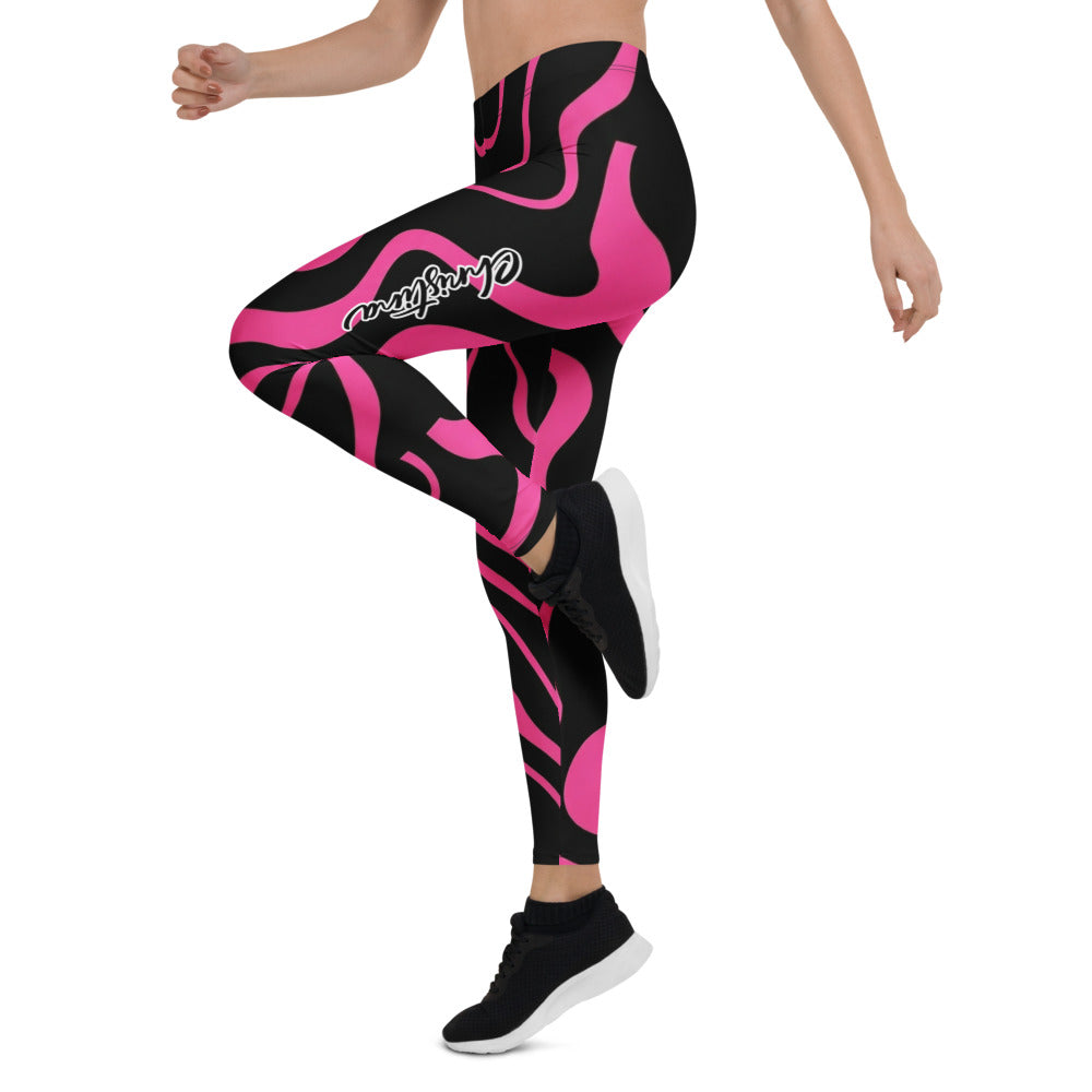 Personalisierte Damen Sportleggings Schwarz Pink Abstraktes Wellenmuster Fitness Yoga Leggings J146