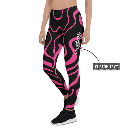 Personalisierte Damen Sportleggings Schwarz Pink Abstraktes Wellenmuster Fitness Yoga Leggings J146 - XL