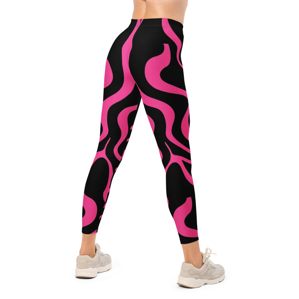 Personalisierte Damen Sportleggings Schwarz Pink Abstraktes Wellenmuster Fitness Yoga Leggings J146