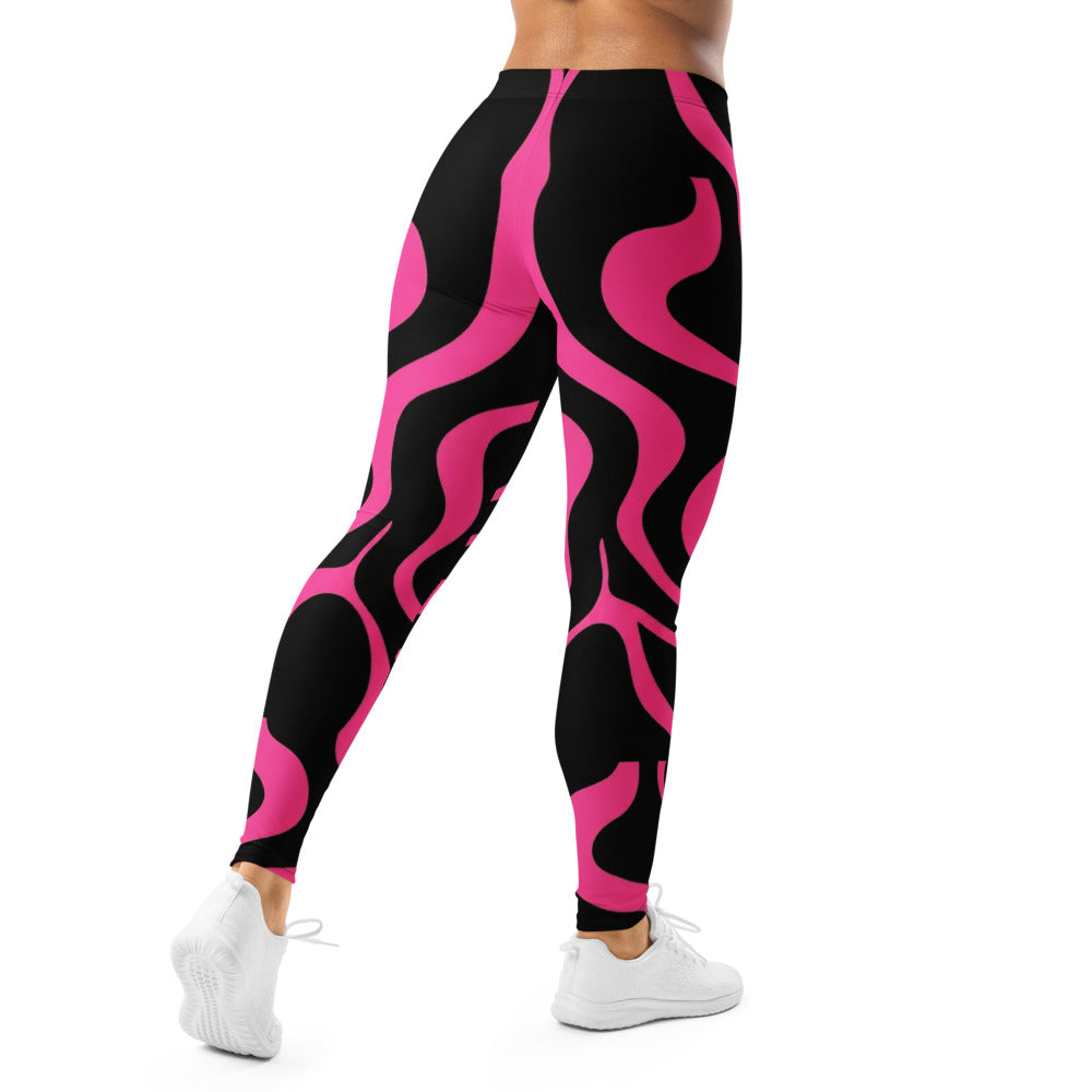 Personalisierte Damen Sportleggings Schwarz Pink Abstraktes Wellenmuster Fitness Yoga Leggings J146