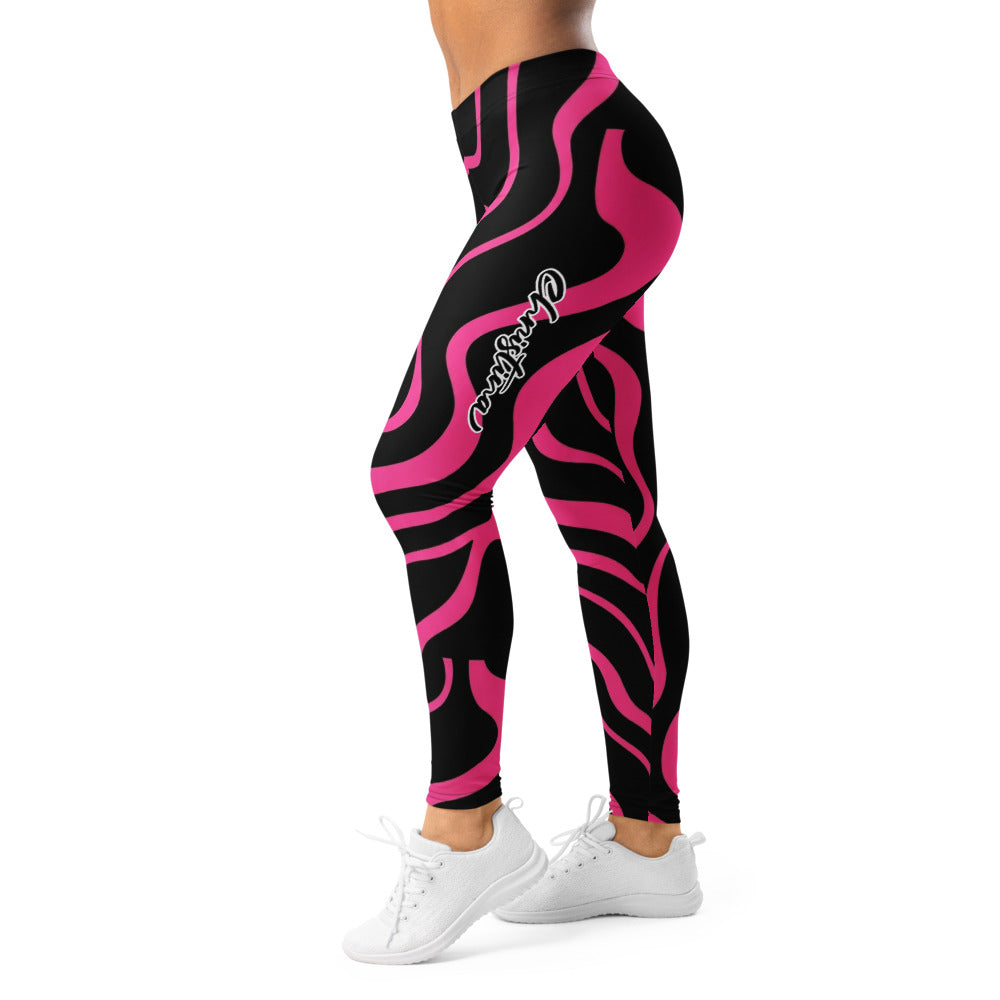 Personalisierte Damen Sportleggings Schwarz Pink Abstraktes Wellenmuster Fitness Yoga Leggings J146