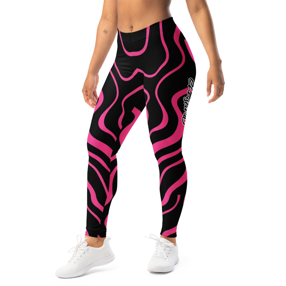 Personalisierte Damen Sportleggings Schwarz Pink Abstraktes Wellenmuster Fitness Yoga Leggings J146