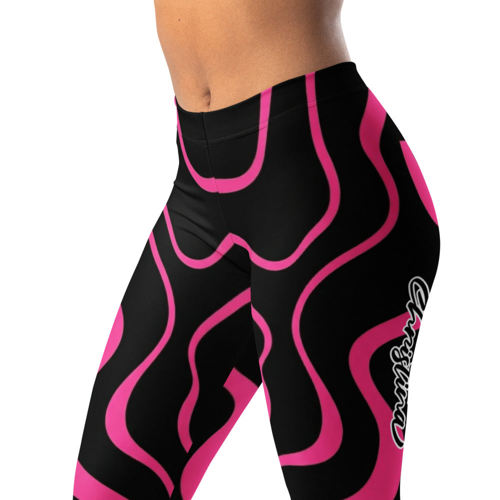 Personalisierte Damen Sportleggings Schwarz Pink Abstraktes Wellenmuster Fitness Yoga Leggings J146