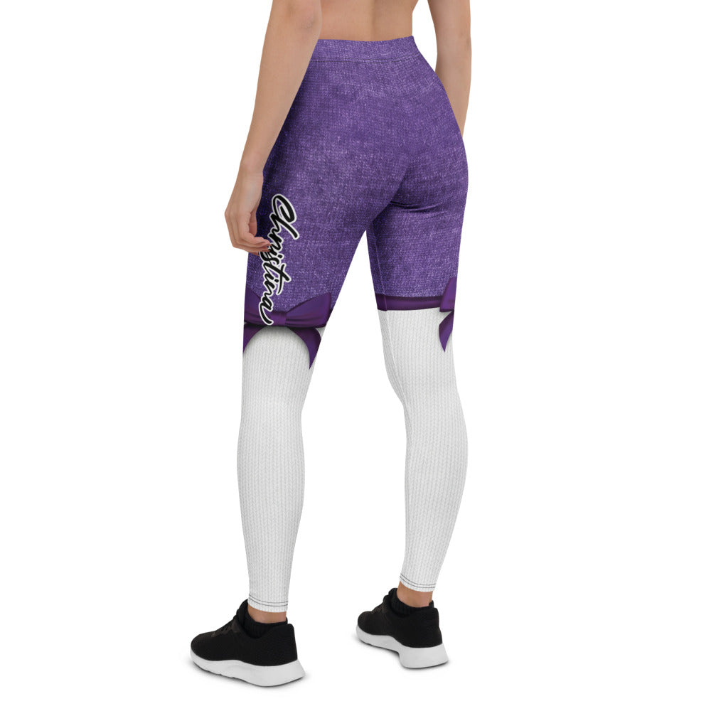 Personalisierte Damen Sportleggings Lila Weiß Fitness Leggings mit Strickoptik und Schleifen-Design T194