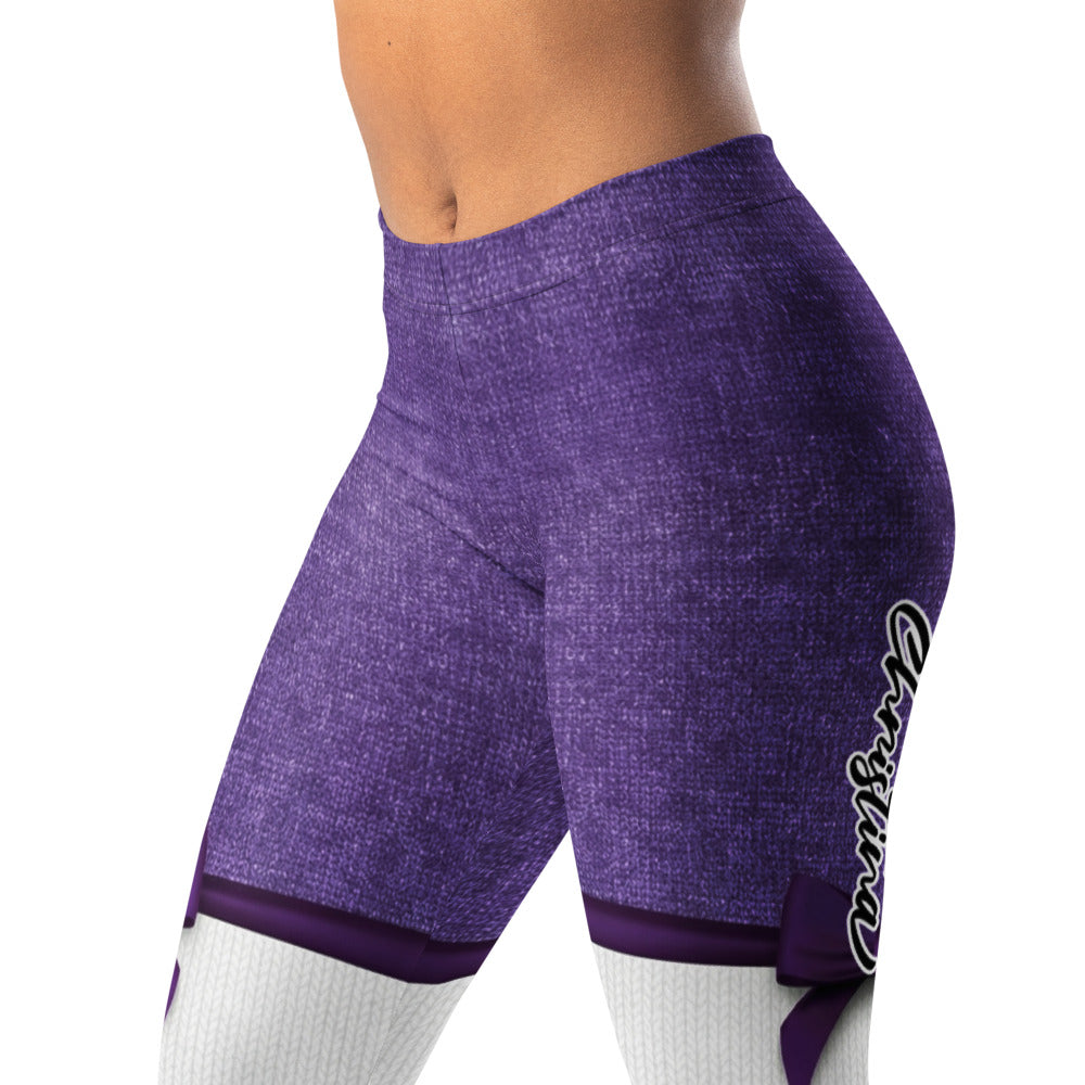 Personalisierte Damen Sportleggings Lila Weiß Fitness Leggings mit Strickoptik und Schleifen-Design T194