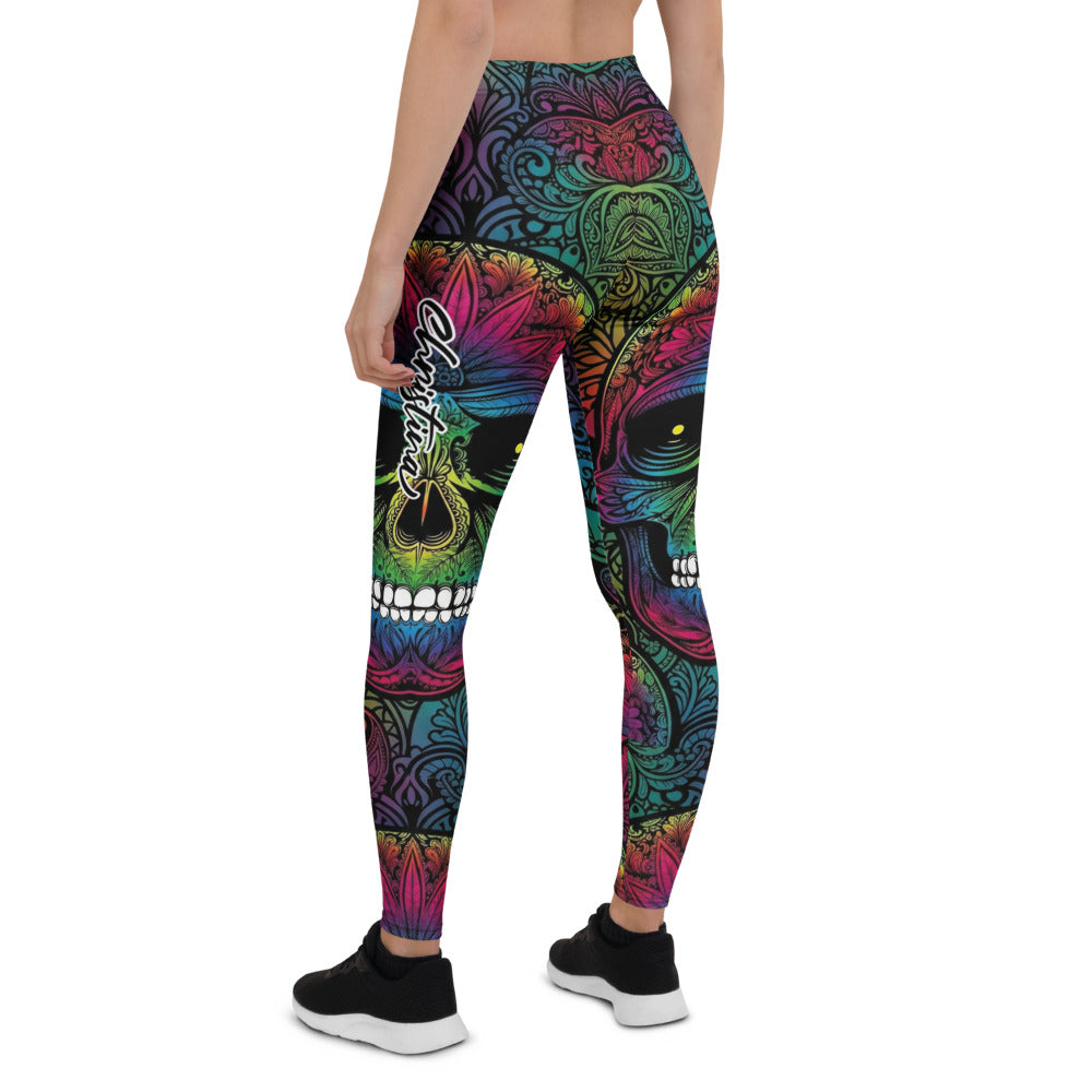 Personalisierte Damen Sportleggings Totenkopf Sugar Skull Design Mehrfarbig Fitness Leggings Yoga Hose M810