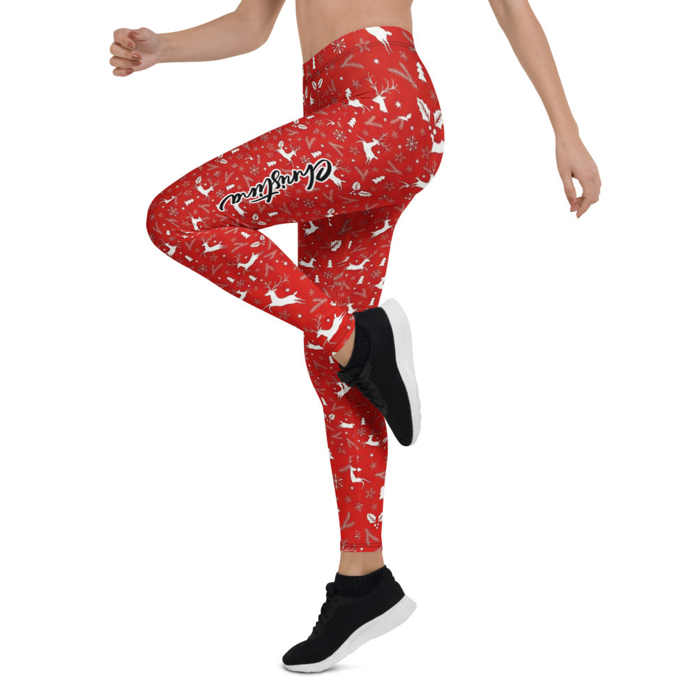 Personalisierte Damen Weihnachtsleggings Rot Rentier Tannenbaum Muster Sport Fitness Yoga Leggings N931