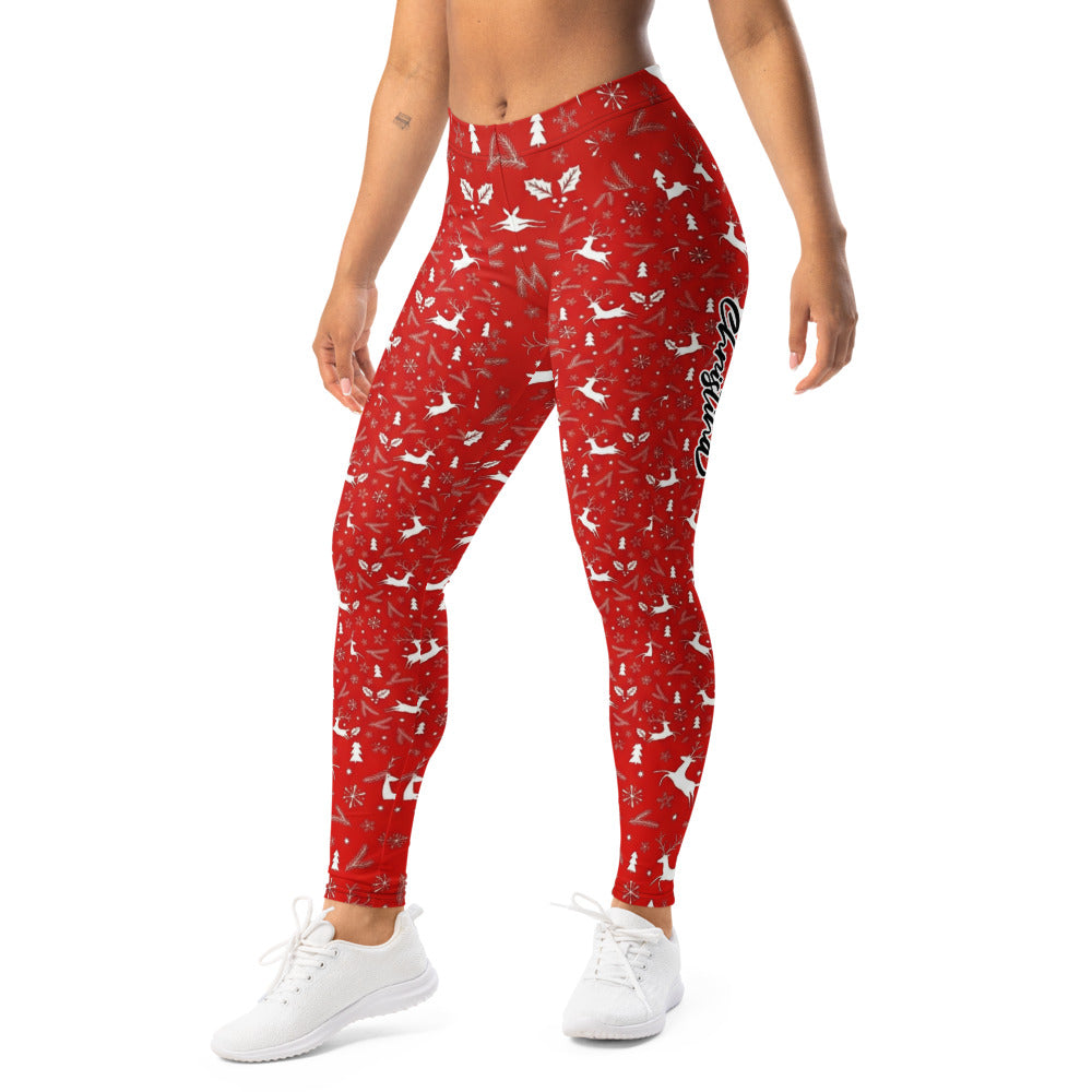 Personalisierte Damen Weihnachtsleggings Rot Rentier Tannenbaum Muster Sport Fitness Yoga Leggings N931