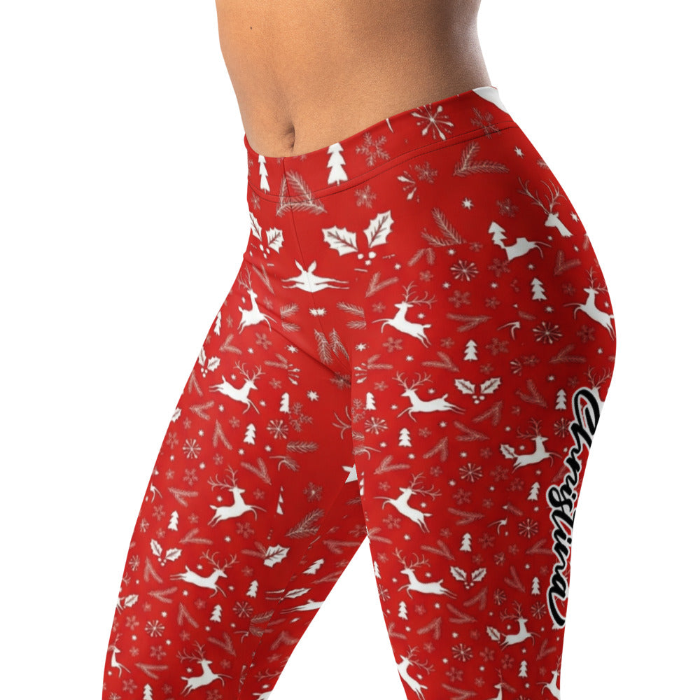 Personalisierte Damen Weihnachtsleggings Rot Rentier Tannenbaum Muster Sport Fitness Yoga Leggings N931