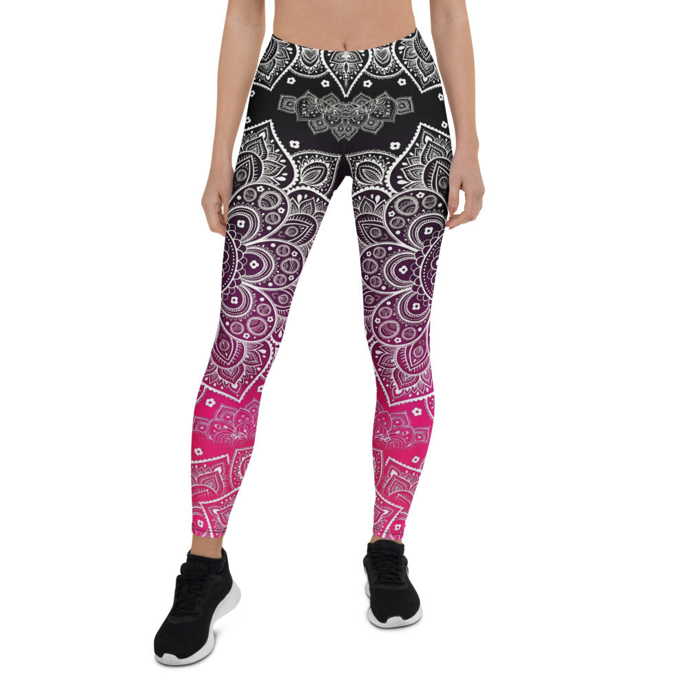 Personalisierte Damen Sportleggings Mandala Muster Schwarz Magenta Yoga Fitness Leggings mit Farbverlauf D353